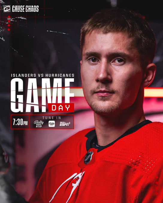 Graphic announcing today's gameday details against the Islanders, including a 7:30 p.m. start time and tune-in info for Bally Sports South and 99.9 FM. The graphic features Martin Necas in a red jersey.