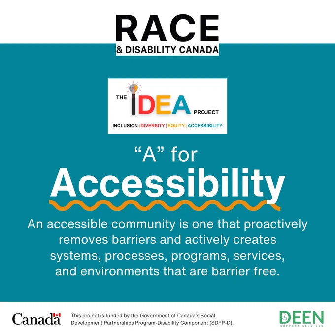 Text on the image reads: "A for Accessibility. An accessible community is one that proactively removes barriers and actively creates 
systems, processes, programs, services, and environments that are barrier free."