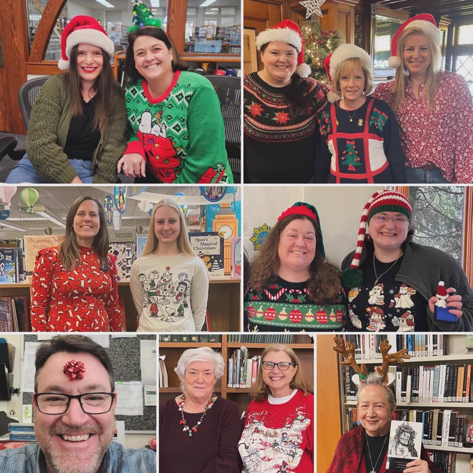 Collage of people who work in a library with holiday accessories or attire