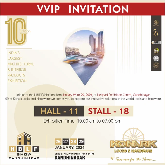 #LocksManufacturer #BuildersHardware #HardwareManufacturers #HomeImprovement #HBLFShow #HBLFShow2024 #Gandhinagar #HelipadExhibitionCentre #HardwareExhibition  #ArchitectureShow #ArchitecturalProductsExhibition #InteriorProductsExhibition #HomeDécorExhibition #InteriorDesignExhibition #InteriorExhibition #ArchitectureExhibition #BuildingMaterialsExhibition #ConstructionExhibition #InteriorExhibition #ExteriorExhibition #DoorsandWindowsExhibition #InteriorProductsExhibition
KONARK Locks & Hardware 
Konark Locks and Hardware is a company known for manufacturing locks and related hardware products. They offer a range of security solutions, including door locks, padlocks, and other types of locking mechanisms. Konark is often recognized for its commitment to quality and durability in their products, providing reliable options for residential and commercial security needs. 

Securing houses for 50  Years
For inquiries and orders, contact us:
Konark Metal Products Private Limited

