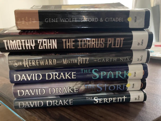 Image of six books on top of each other. From the top they are

Sword and Citadel by Gene Wolf
Icarus Plot by Timothy Zahn
Sir Hereward and Mister Fitz by Garth Nix
The Spark, The Storm, and The Serpent all three by David Drake