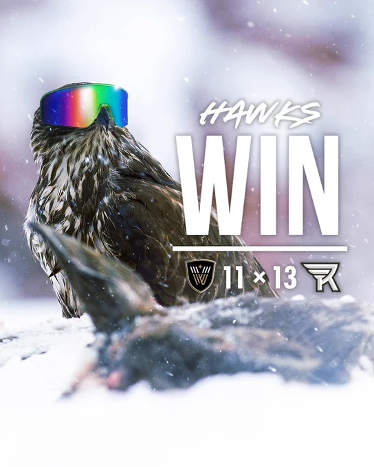 A win graphic showing a Knighthawk, wearing a pair of reflective pit viper sunglasses, in a snowy terrain. The text reads: HAWKS WIN in white font, above the final score: Vancouver Warriors 11 x Rochester Knighthawks 13