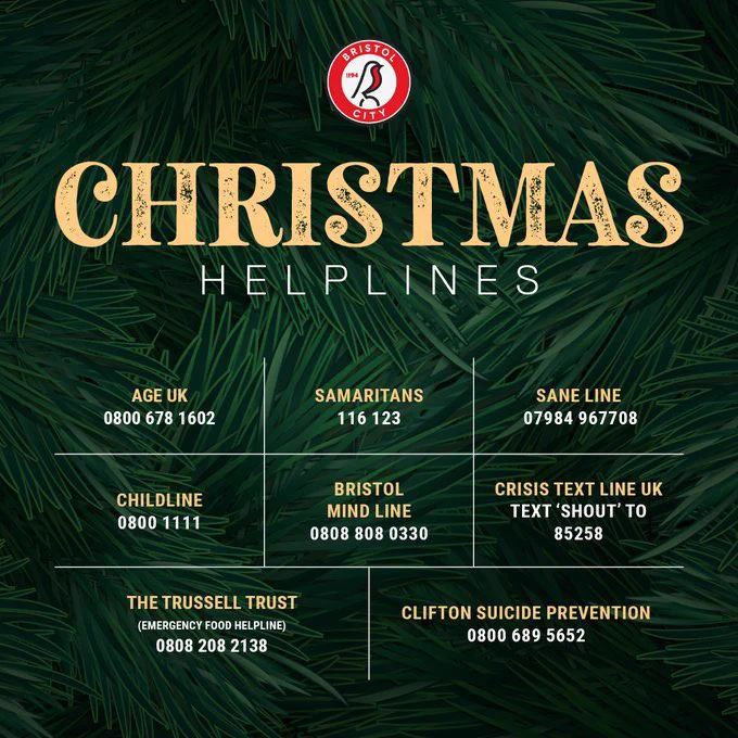 Christmas Helplines:

Age UK: 0800 678 1692
Samaritans: 116 123
Same Line: 07984 967708
Childline: 0800 1111
Bristol Mind Line: 0808 808 0330
Crisis Text Line UK: Text ‘SHOUT’ to 85258
The Trussell Trust (Emergency Food helpline): 0800 208 2138
Clifton Suicide Prevention: 0800 689 5652