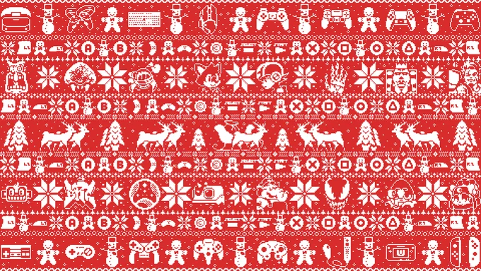An ugly Christmas sweater design with games from 2023. The icons and games included are Peppino from Pizza Tower, a Metroid from Metroid Prime Remastered, Magalor from Kirby's Return to Dreamland Deluxe, Barry from The Murder of Sonic the Hedgehog, MegaMan.EXE from Mega Man Battle Network Legacy Collection, the Ultrahand symbol from The Legend of Zelda: Tears of the Kingdom, The King of All Cosmos from We Love Katamari REROLL  Royal Reverie, Luke from Street Fighter 6, Amigo from Samba de Amigo: Party Central, Quick Bing from Bomb Rush Cyberfunk, the Constellation symbol from Starfield, Trip's helmet from Sonic Superstars, Elephant Mario from Super Mario Wonder, Venom from Spider-Man 2, Geno from Super Mario RPG, and Ariem from Sonic Dream Team