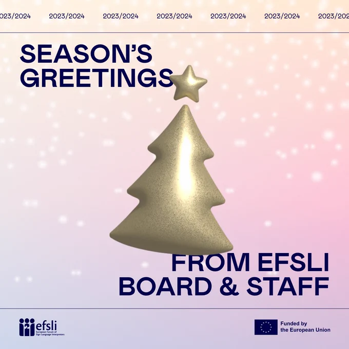A gold ballon Xmas tree with snowy background and text: "Season's greetings from efsli board & staff"