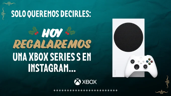 La imagen muestra una consola Xbox Series S con un control Xbox Robot White con un texto que dice "Solo queremos decirles: Hoy regalaremos una Xbox Series S en Instagram...".
