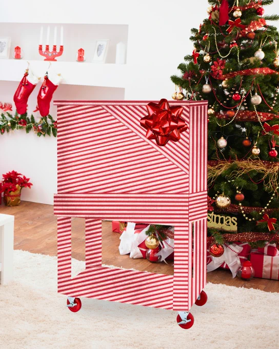 An American Range convection oven wrapped under the Christmas tree.
