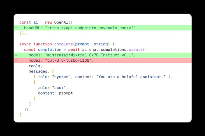 - Add `baseURL` to `OpenAI` constructor
- Change `model` to mixtral's model identifier