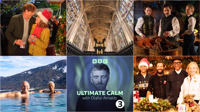 Top left to right: Beyond Paradise, Carols from King's, A Ghost Story for Christmas: Lot No. 249. Bottom left to right: Amazing Hotels Life Beyond the Lobby, Ultimate Calm with Ólafur Arnalds and The Repair Shop at Christmas