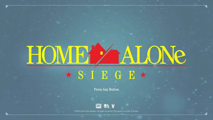 Start Screen for a fantasy Home Alone video game screen. Big logo for Home Alone Siege on a snowy background