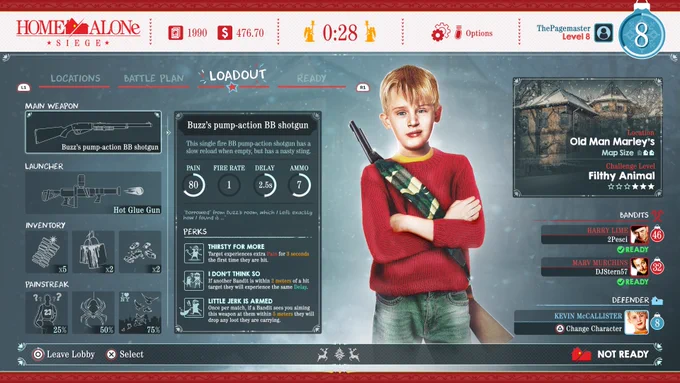 Loadout screen for a fantasy home alone video game, Kevin stands proudly with arms crossed and a selection fo weapons and traps to his left in a menu 