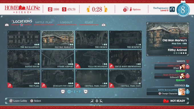 Level select screen for a fantasy home alone video game, several buttons with maps to select from the movies 