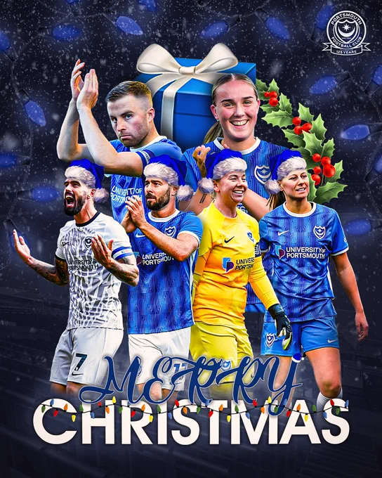 A Pompey-themed Christmas graphic, featuring Marlon Pack, Joe Rafferty, Hannah Haughton, Emma Jones, Joe Morrell and Ella Humphrey.