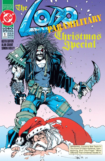 the cover to Keith Giffen, Alan Grant & SImon Bisley's The Lobo Paramilitary Christmas Special, showing the titular character standing over the body of  a battered Santa.