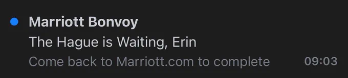 A Marriott promotional email with the subject “The Hague is Waiting, Erin”