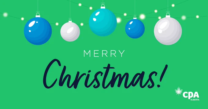 Text saying 'Merry Christmas' alongside the CPA Alberta logo on a vibrant green background. A festive graphic with a string of lights and five Christmas balls hanging from the top of the image.