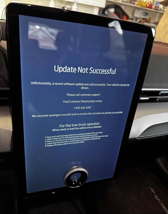 "Unfortunately, a recent software update was not successful. Your vehicle cannot be driven. Please call customer support:"