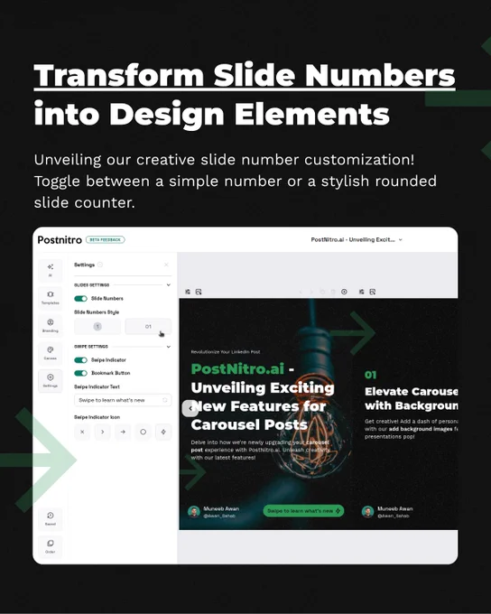 Unveiling our creative slide number customization! Toggle between a simple number or a stylish rounded slide counter.