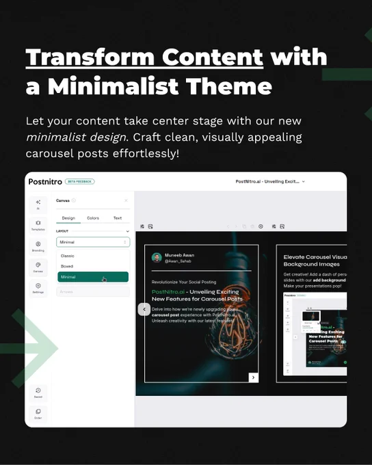 Let your content take center stage with our new minimalist design. Craft clean, visually appealing carousel posts effortlessly!