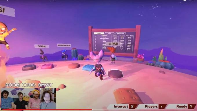A screenshot from the launch day community stream. Players hanging out in camp and you can see the scoreboard in the background.