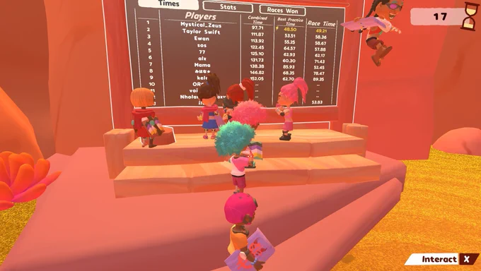 A screenshot of Tray Racers! from discord user MysticalZeus, showing them at the top of a leaderboard in a public race (that 'Taylor Swift' was also in)