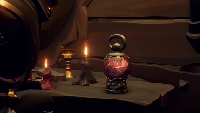 An orb features a black handle and base surrounding a deep red centre that features swirling snow and a ship on rough waves. It sits in a dingy locale, surrounded by candles and fine treasures. A robed pirate looks into it, hoping to find answers.