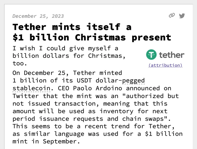 Tether mints itself a $1 billion Christmas present
I wish I could give myself a billion dollars for Christmas, too.
 