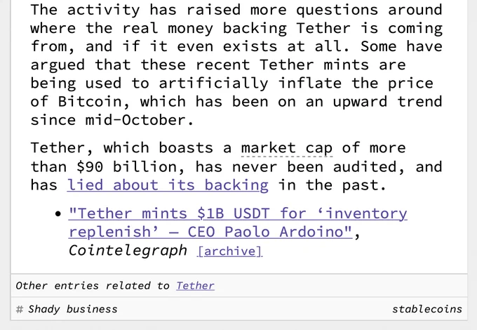 On December 25, Tether minted 1 billion of its USDT dollar-pegged stablecoin. CEO Paolo Ardoino announced on Twitter that the mint was an "authorized but not issued transaction, meaning that this amount will be used as inventory for next period issuance requests and chain swaps". This seems to be a recent trend for Tether, as similar language was used for a $1 billion mint in September. The activity has raised more questions around where the real money backing Tether is coming from, and if it even exists at all. Some have argued that these recent Tether mints are being used to artificially inflate the price of Bitcoin, which has been on an upward trend since mid-October. Tether, which boasts a market cap of more than $90 billion, has never been audited, and has lied about its backing in the past. 