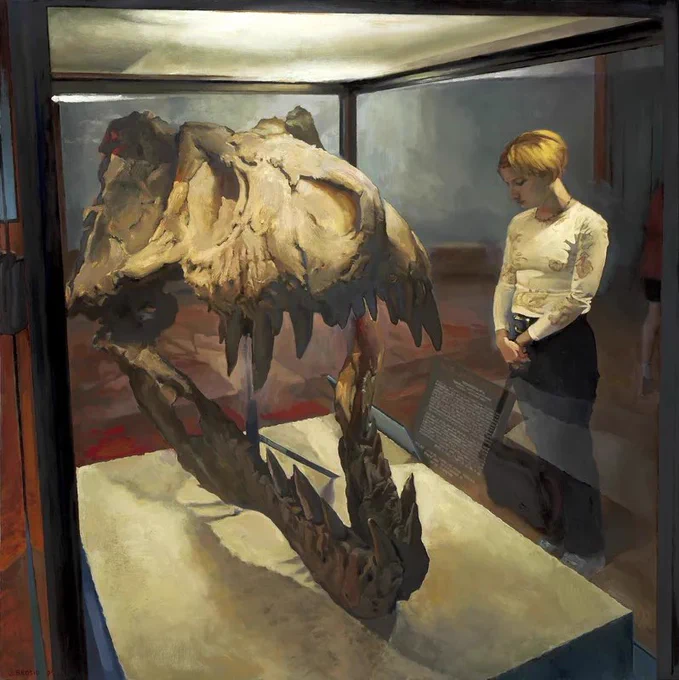 A painting of a woman standing before a T-rex skull encased in glass at a museum, looking down at the placard