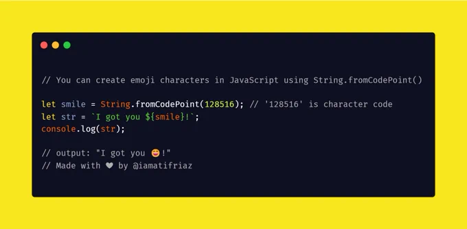You can create emoji characters in JavaScript using String.fromCodePoint()