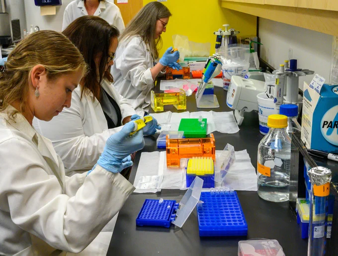 several people in lab coats and gloves hold scientific devices at a lab station covered in vials and bottles and trays