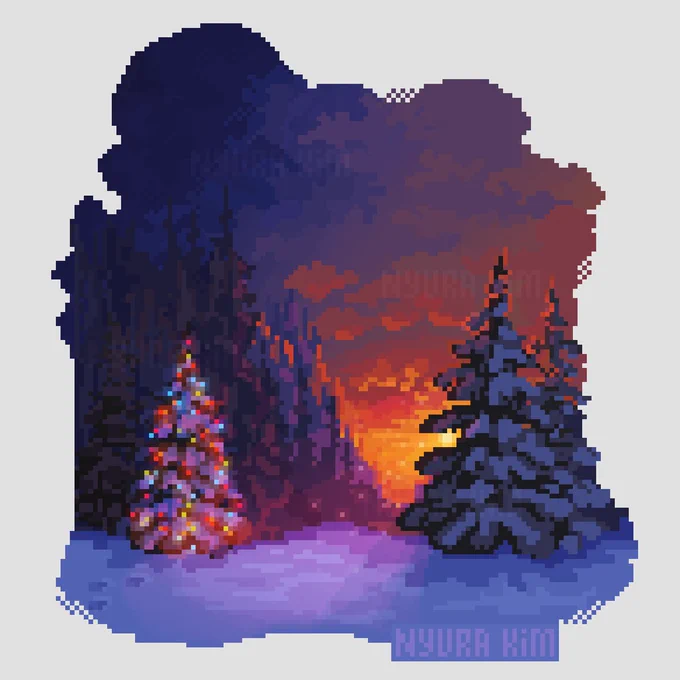 pixel art since of night or even a late sunset, when the skys already gong towards dark-blue, but there's still some oranges at the horizone line. we can see a forest with some bushy pines, and beautifly decarated cristmas tree that still alive and growing. all surrounded by snow and highlights from the sunset and cristmas decorations