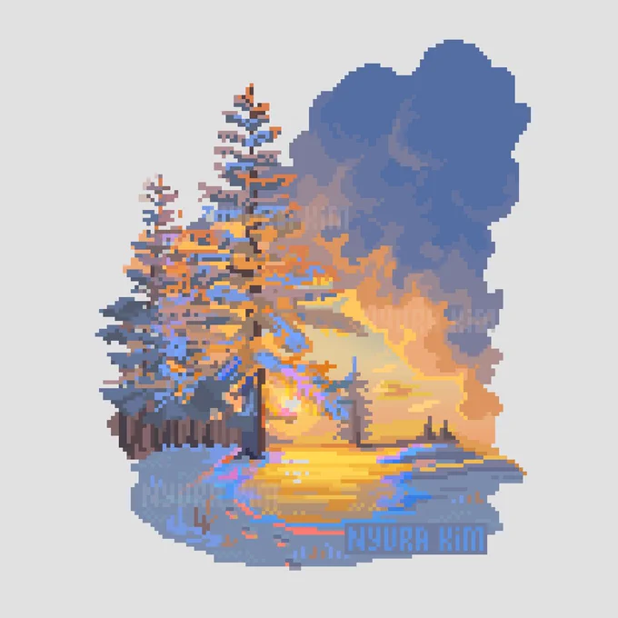 pixel art scenery of winter morning - blues and oranges. sun rises in the middle turning blue sky to orange and bright warm yellow. there're little forest on the left and water part going from horizon towards the viewer