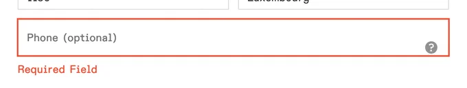 A form field where the placeholder as label says "phone (optional)" but the error message in red says "required field"