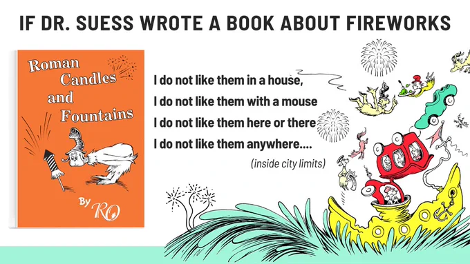 Open book page from Dr. Suess book with illustrations. Text from "Green Eggs and Ham" with added fireworks illustrations and text.