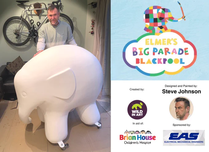 Steve Johnson art standing behind a blank Elmer sculpture. On the right are the Elmer’s Big Parade Blackpool and other related logos.