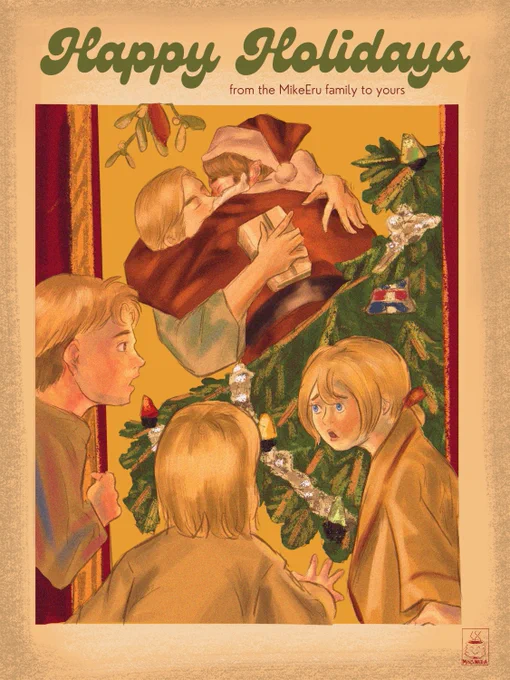 MikesMatcha's 2023 Holiday Card with MikeEru (Mike Zacharias and Erwin Smith) from Attack on Titan, along with younger versions of Reiner Braun, Armin Arlert, and Historia Weiss.