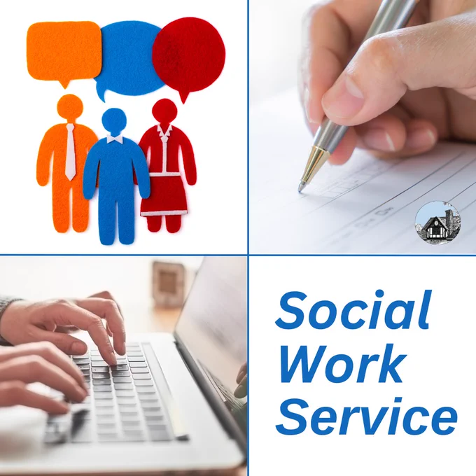 Close up photos of hands at a laptop and writing with a pen. Text says "Social Work Service"