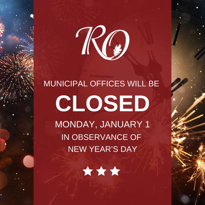 Image of click and fireworks in the background. Text in front with RO logo and "Closed Monday Jan 1 in observance of New Year's Day"