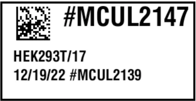 Fig 2. Sample label.
The first line includes a unique computer-readable barcode as well as a human-readable computer-generated sample identification number. The second and third lines include a description of the sample content, the date, and the identity of the inoculum. 