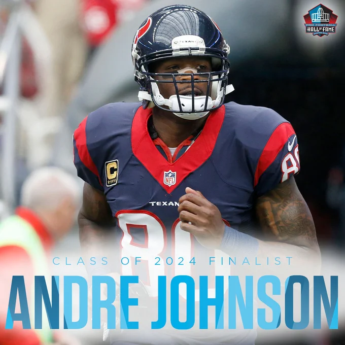 Andre Johnson in a Texans uniform as a Finalist for the Pro Football Hall of Fame's Class of 2024.