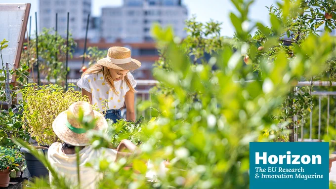 Two women in a balcony full of plants and the Horizon Magazine logo displayed at the bottom.