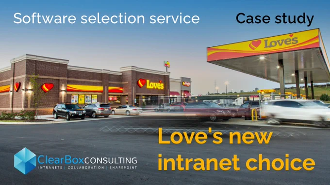 Loves new intranet choice. Case study.

Software selection service.

A yellow-branded Love's Travel Stop, station and shop.