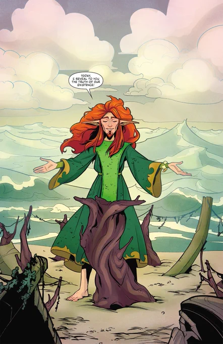 Page 2, a splash showing Artagan fully against the sea, mid-speech, standing in the middle of a ring of driftwood bits, using one as a sort of podium