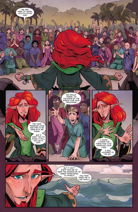 Page 3, a reverse shot seeing the big (biiiig) audience he's addressing, who are cheering excitedly. Sugary words of adoration are exchanged between him and the crowd.