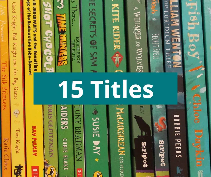 Brightly coloured book spines with wording in white text that reads 15 Titles