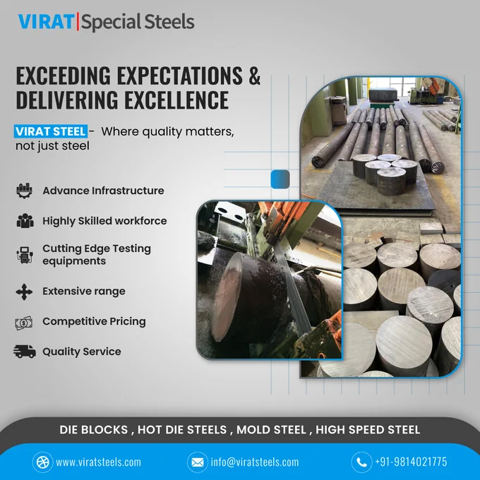 Virat Special Steels Pvt. Ltd. is the largest stockiest and supplier of #DB6Steel in flat, square and round bar. Supply Die blocks as the extra Forging Reduction & Upsetting with Double tempered to achieve the better Ultrasonic quality. We provide steel in all sizes as your requirements available in flat, square and round shape.

Suitable for use as tools, dies, and machine parts, which require a good combination of hardness and toughness. 

Get in touch with us today to place your requirement!
 #DB6Steel #din2714 #aisil6 ...

Learn more from web:
https://www.viratsteels.com/db6.html

Any further queries feel free to contact us :
Email us at info@viratsteels.com. or Call on mobile number  91 98140 21775