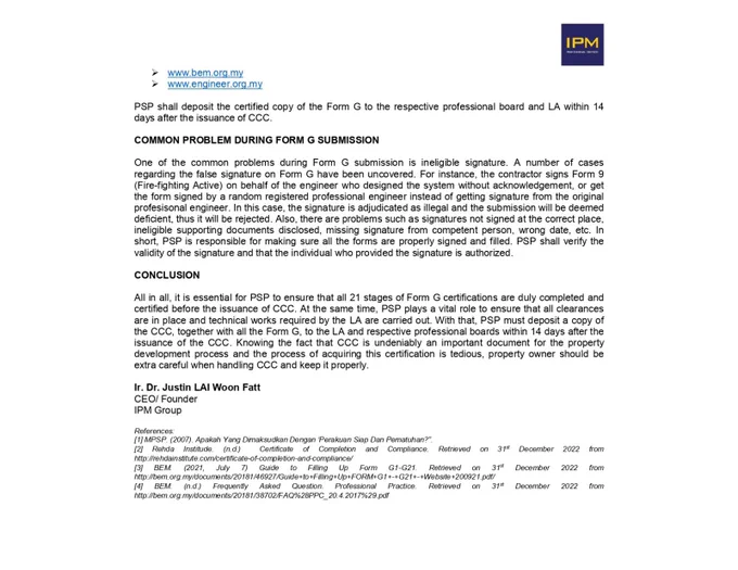 🔴 FORM G FOR CERTIFICATE OF COMPLETION AND COMPLIANCE (CCC) 
👨‍💻 Author: Ir. Dr. Justin LAI Woon Fatt | 31 December, 2022

Certificate of Completion and Compliance (CCC) is a new system introduced by the Street, Drainage and Building (Amendment) Act 2007, enforced on 12th April 2007 to replace the Certificate of Fitness for Occupation (CFO) under the Uniform Building By-Laws of the Street, Drainage and Building Act 1974 (Act 133) [1]. The issuance of CCC indicates that the construction work has been completed and complied with the conditions and standards stipulated in the permit granted which is safe and fit to occupy. 

💻 Website Link:
https://ipm.my/form-g-for-certificate-of-completion-and-compliance-ccc/ 

#IPMProfessionalServices #ArchitecturalConsultant #EngineeringConsultant #BuildingKnowledge #BuildingInfo #FormG #ImportanceFormG #SubmissionPlan #LocalAuthorityApplication #ProfessionalArchitect #ProfessionalEngineer #PSP #PEPC #CCCApplication