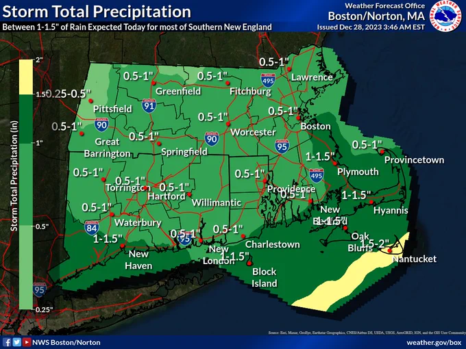 A map of southern New England showing rainfall totals today