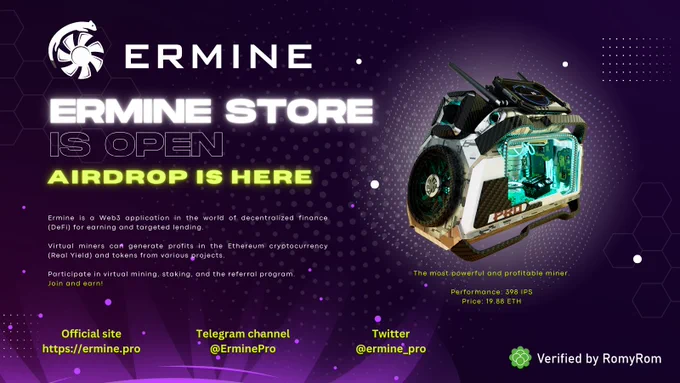 Ermine Store is open, and Airdrop is here. Welcome!

We have completed the website update and launched the virtual miner store on the Ethereum mainnet. To make a purchase, you can connect almost any crypto wallet and pay for the selected miners.

What about the Airdrop? We have increased the number of Ermine tokens in the Airdrop and allocated 3,000,000 ERM for it. All first-time buyers of virtual miners will automatically receive ERM tokens in their wallet at a ratio of 1 IPS = 100 ERM. The more you spend on your first purchase, the more ERM tokens you will receive as a gift. When the allocated limit of ERM tokens for distribution is exhausted, the Airdrop will end.

We currently do not predict the exact price of 1 ERM or its price at the time of listing. However, it is a great opportunity to get a nice bonus right now. Show your activity.

Learn more https://ermine.pro